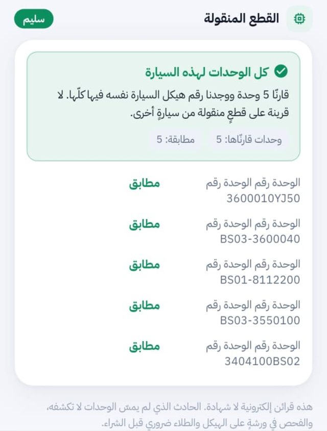 لقطة من التطبيق: كل الوحدات تحمل رقم هيكل السيارة نفسه